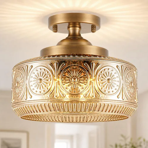 Miniatura 9 de DSMJFU - Lámpara de techo semiempotrada negra, lámpara de techo pequeña vintage, accesorio de iluminación de pasillo de vidrio blanco grueso, luz