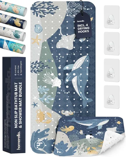 Homerella Tapete de ducha antideslizante de 21 x 21 pulgadas y tapete de baño antideslizante de 40 x 16 para niños, 2 ganchos incluidos, lavable a