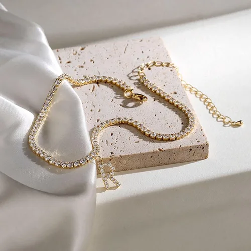 Miniatura 5 de Zeshimb Tobillera con inicial, cadena de cristal dorado, tobillera de tenis, letra R, cadena de tobillo Hip Hop, diamante R, alfabeto, tobillera