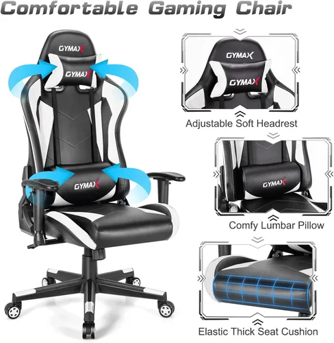 Miniatura 4 de GYMAX Silla de juegos de computadora, silla de oficina de estilo carreras con reposacabezas de soporte lumbar ajustable, giratorio de 360°, silla