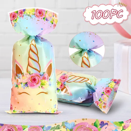 Miniatura 3 de Zonon 100 bolsas de regalo de unicornios, bolsas de regalo de unicornio, celofán, rosa, arcoíris, dorado, con 100 lazos plateados, recuerdos