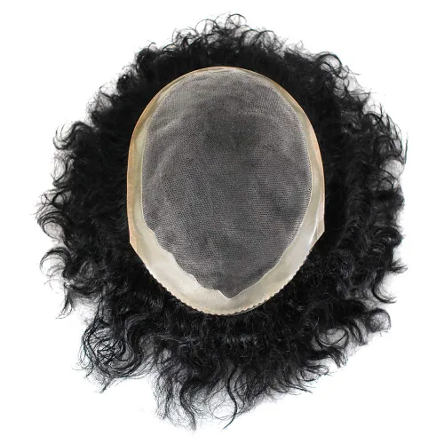 Miniatura 5 de LYRICAL Hair rizado ondulado Toupee para hombres negro cabello humano fino mono postizo poli piel NPU alrededor de sistemas de cabello reemplazos #