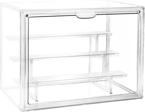Miniatura 9 de Vitrina acrílica para figuras, organizador de almacenamiento transparente de 3 niveles montado en la pared, caja de exhibición con puerta magnética