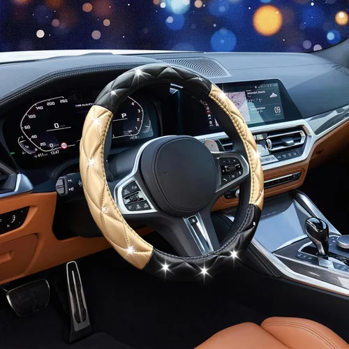Miniatura 8 de SuperKaKa Funda para Volante Negra y Dorada, Cubierta de Volante de Auto Linda con Diamantes de Imitación Brillantes de Cuero Suave y Cómodo
