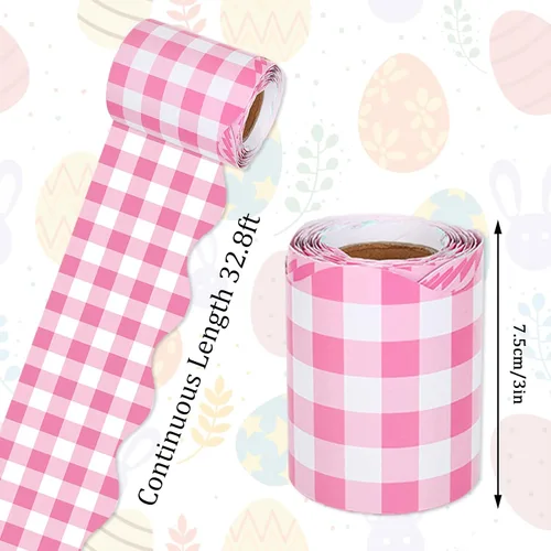 Miniatura 2 de Whaline Bordes de tablero de anuncios de Pascua de 164 pies, 5 rollos de cuadros pastel a cuadros troquelados, tiras rosadas, azules, amarillas