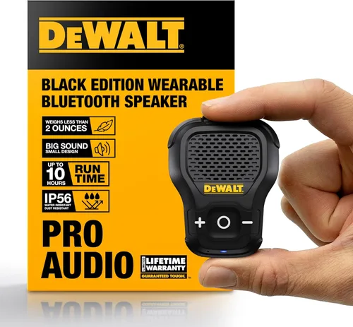 DEWALT Altavoz Bluetooth Portátil Vestible [Edición Onyx - Negro] Altavoz Portátil Inalámbrico con Clip para Sitio de Trabajo Pro Resistente al Agua