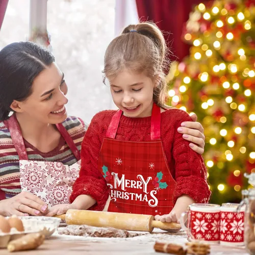 Miniatura 3 de Delantal para niños y niñas, delantal de cocina ajustable con bolsillo para cocinar, hornear, arte, pintura, jardinería Feliz Navidad
