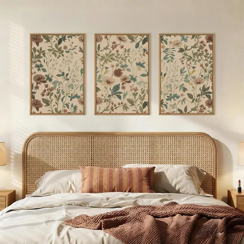 Miniatura 4 de Aryroi Juego de arte de pared en lienzo abstracto grande con marco floral, estilo bohemio, retro, neutro, flores silvestres, arte botánico de flores