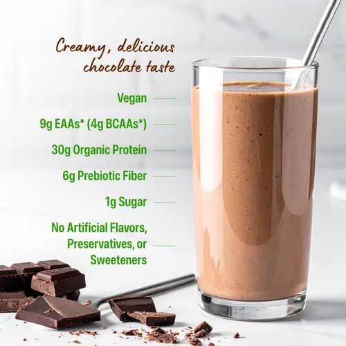 Miniatura 4 de Orgain - Polvo de proteína vegano orgánico de 30g, chocolate con 9g de EAA + BCAA, proteína vegetal, 6g de prebiótico + fibra, 1g de azúcar
