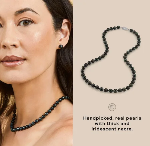 Miniatura 4 de The Pearl Source Collar de perlas japonesas Akoya negras para mujer, collar de perlas de oro de 14 quilates Collar de perlas largas de 18 pulgadas