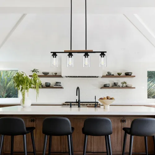 Miniatura 4 de Lámpara de comedor sobre mesa, iluminación de isla de cocina de 4 luces, modernos candelabros de madera para comedor con altura ajustable, luces