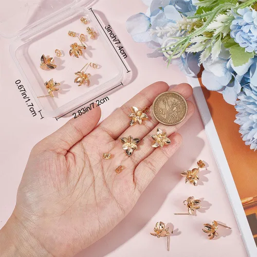 Miniatura 3 de Beebeecraft 1 caja de 14 piezas de aretes de flor chapados en oro de 18 quilates tridimensionales con lazo y parte trasera para hacer joyas Dorado