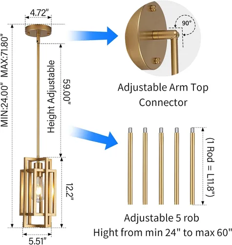 Miniatura 3 de Lámparas colgantes de granja, modernas luces colgantes doradas de 59 pulgadas, ajustable, pequeña, cuadrada, colgante de techo, para cocina, isla, 1