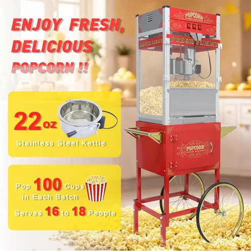 Miniatura 2 de Máquina comercial de palomitas de maíz con carrito y ruedas, máquina para hacer palomitas de maíz con hervidor de acero inoxidable de 22 onzas, Rojo