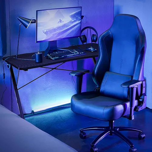 Miniatura 5 de Tangkula Escritorio para computadora de juegos, mesa de computadora en forma de Z con luces LED y gran superficie de fibra de carbono, estación