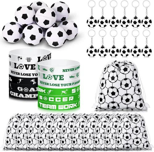 48 piezas de suministros de fiesta de fútbol, 12 pulseras de silicona de fútbol, 12 bolsas de regalo con cordón de fútbol, 12 mini pelotas de estrés