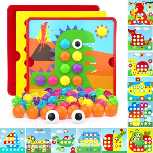 Miniatura 11 de AluAbi Large Button Art Toys for Toddlers, 10'' x 10'' Color Matching Mosaic Pegboard with 12 Pictures and 46 Buttons, Early Educational Toys for 3