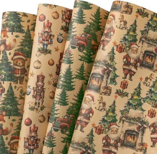Miniatura 17 de WRAPAHOLIC Hoja de papel de regalo de Navidad, 12 hojas de diseño de árbol de Navidad rosa y casa, plegada plana con 12 etiquetas de regalo