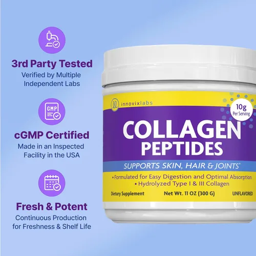 Miniatura 3 de InnovixLabs Polvo de péptidos de colágeno, péptidos de colágeno hidrolizados tipo l y LLL colágeno en polvo, apoya la salud del cabello, las uñas