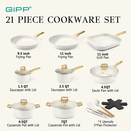 Miniatura 2 de GiPP Juego de ollas y sartenes antiadherentes de granito blanco, utensilios de cocina de inducción antiadherentes, juego de sartenes de cocina