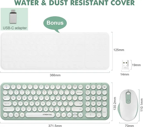 Miniatura 8 de Combo de teclado y mouse inalámbricos, 2.4 GHz, silencioso, delgado, lindo, redondo, tamaño compacto, color verde, Kawaii, juego de teclado y mouse