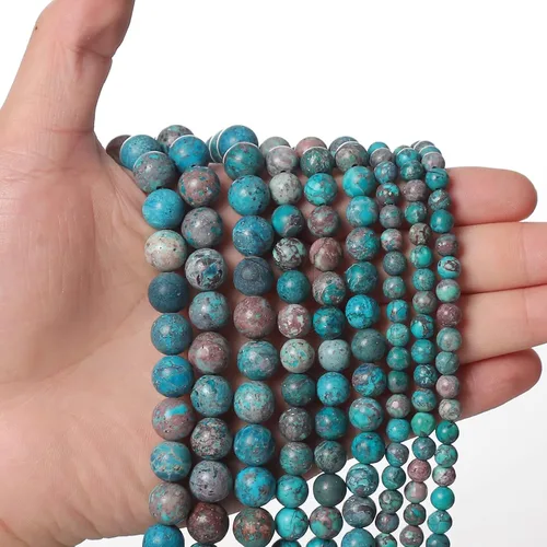 Miniatura 21 de 60 piezas de cuentas de piedra natural de 15⁄64 pulgadas (6 mm) con cuentas de apatita azul que es una piedra para sanación de la energía. Piedras