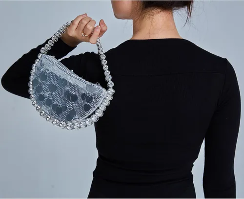 Miniatura 2 de Uhawi Bolso de mano con diamantes de imitación para mujer, bolso de noche con purpurina brillante, hecho a mano, fiesta, boda, plateado