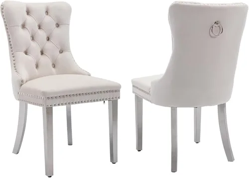 Miniatura 57 de LKTART Juego de 2 sillas de comedor de terciopelo, sillas de comedor copetudas con ribete de anillo de clavo, silla de comedor tapizada con patas