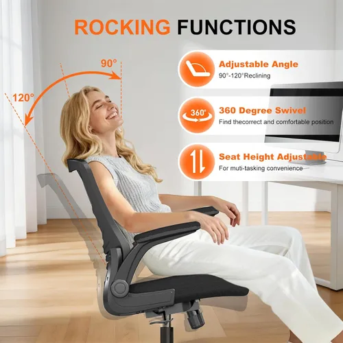 Miniatura 6 de Silla de oficina ergonómica, cómoda silla de escritorio de malla con reposabrazos abatibles y ruedas de rodadura suave, silla de computadora