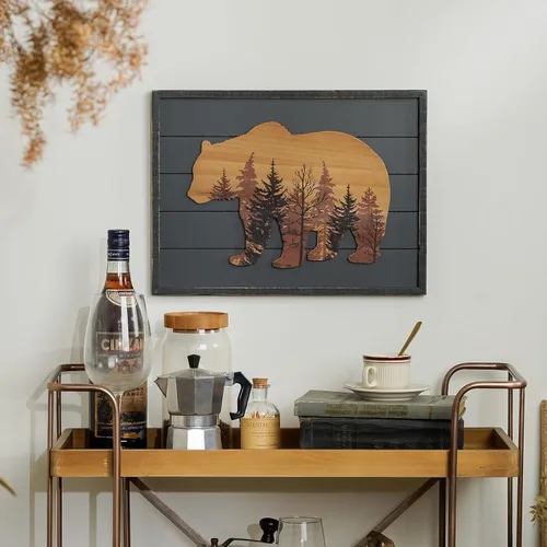 Miniatura 2 de NIKKY HOME Lindo oso en el bosque, arte decorativo de pared con marco de madera para cabaña, 40,6 cm x 30,5 cm, gris pizarra oscuro