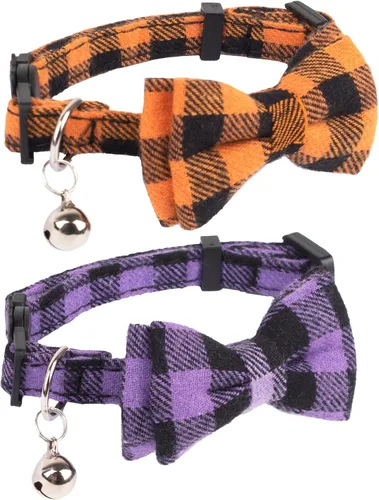 Miniatura 2 de ADOGGYGO Collares para gatos de Halloween con campana extraíble con corbatín extraíble, paquete de 2 unidades, collar de lazo de Halloween a cuadros