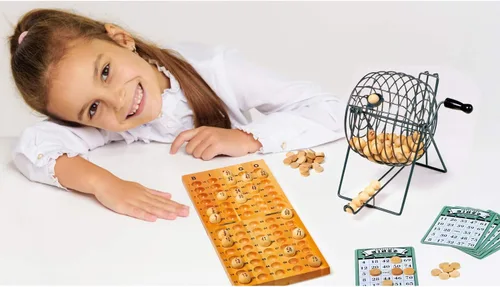 Miniatura 7 de small foot Juego de bingo 1831 con máquina mezcladora tambor de lotería hecho de metal, materiales de juego hechos de madera, a partir de 6 años