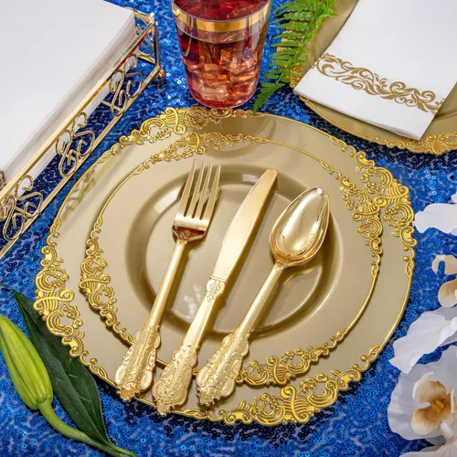 Miniatura 6 de Morejoy 175 platos de plástico dorado macizo con borde dorado, los juegos de vajilla desechables dorados incluyen 25 platos llanos, 25 platos