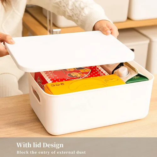 Miniatura 3 de Yishyfier Cestas de Almacenamiento de Plástico con Tapa Contenedor Organizador Cestas Organizadoras de Almacenamiento Tejidas Blancas con Tapa
