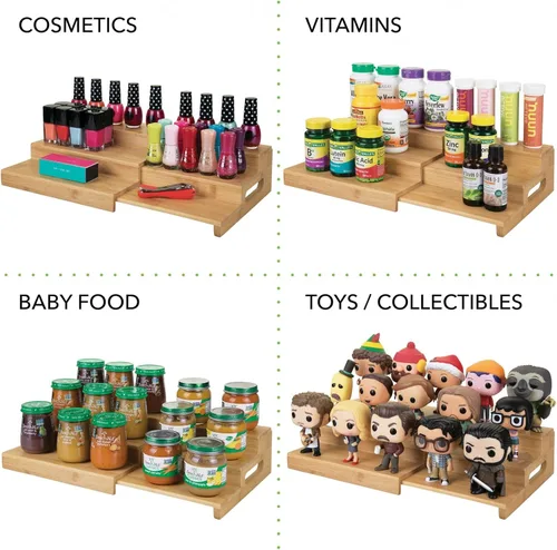 Miniatura 8 de mDesign Organizador de especias ajustable y expandible de bambú con 3 niveles de almacenamiento para armario de cocina, encimera, estante