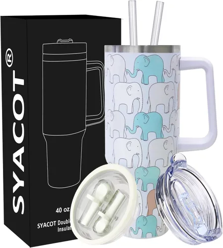 Miniatura 14 de SYACOT Vaso de 40 onzas con asa y pajita, vaso aislado de acero inoxidable, tapa a prueba de fugas y tapa con pajilla, taza de café de viaje