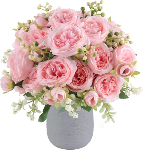 Miniatura 18 de Flores de seda de peonía artificial, ramo de peonía falsa rosa 4 paquetes Arreglos florales decoración para casa de campo estilo boho centro de mesa