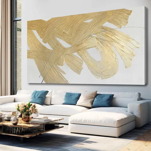 Miniatura 11 de Arte de pared abstracto dorado blanco y dorado pintura enmarcada moderna obra de arte con textura para sala de estar oficina comedor cuadros 24x48