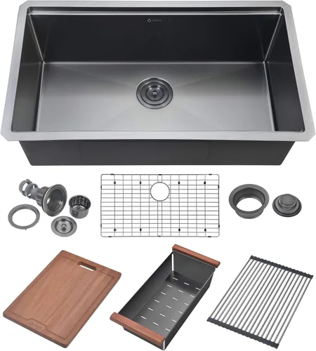 Miniatura 10 de ZEEK Fregadero de cocina con estación de trabajo de 32 pulgadas, color negro, calibre 16, acero inoxidable, doble cuenco 50/50 con accesorios