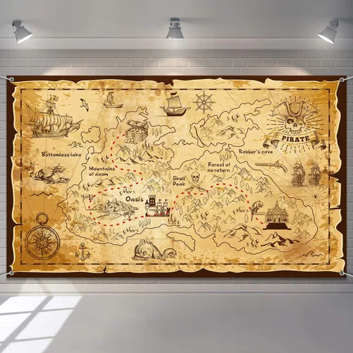 Blulu Decoraciones de fiesta pirata, mapa del tesoro de Halloween, tema pirata, telón de fondo, joyería, mapa, pancarta, fotografía para Halloween,
