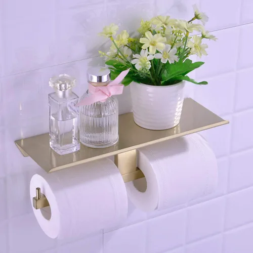 Miniatura 2 de TRUSTMI Soporte de papel higiénico de doble rollo con estante para teléfono, dispensador de papel de seda de acero inoxidable 304, a prueba