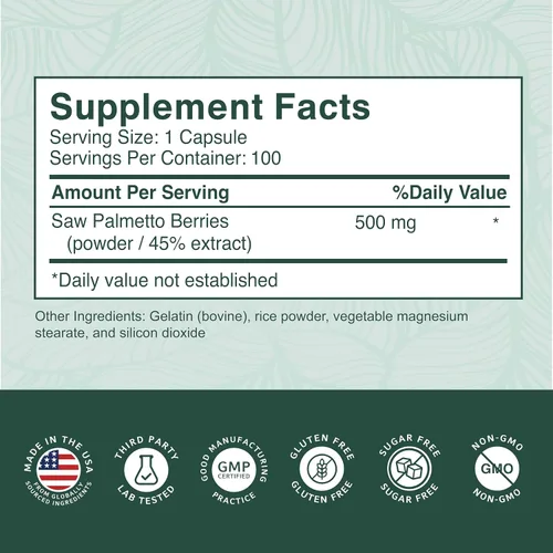 Miniatura 6 de Saw Palmetto Premium 500 mg para hombres y mujeres – Extracto de palma enana americana de máxima fuerza y suplemento en cápsulas en polvo – Apoya