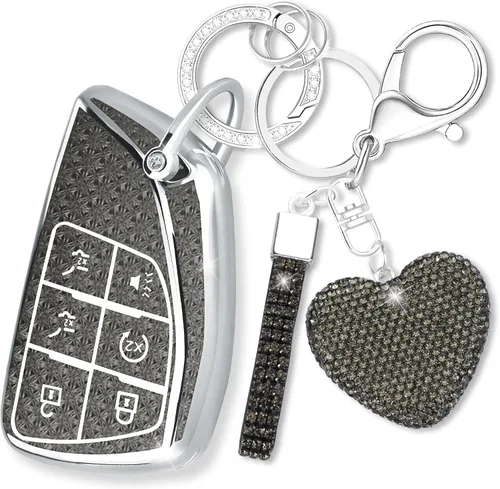 Miniatura 8 de Funda para llavero con llavero de corazón de diamante compatible con Chevy 2021-2024, Negro, 5 Botones