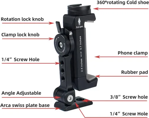 Miniatura 4 de Soporte de trípode de metal para teléfono con zapata fría giratoria para soporte de micrófono, compatible con iPhone y Android, adaptador de trípode