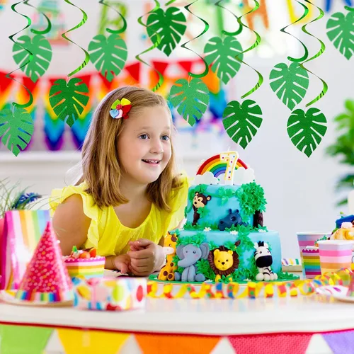 Miniatura 4 de Ireer 64 piezas hawaianas Luau para fiesta, hojas de palmera, remolinos, colgantes, hojas con purpurina, hojas verdes, tropicales, safari, selva