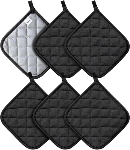 Joyhalo Paquete de 6 soportes para ollas para cocina, soporte de horno de algodón con gran resistencia al calor, almohadillas calientes Negro