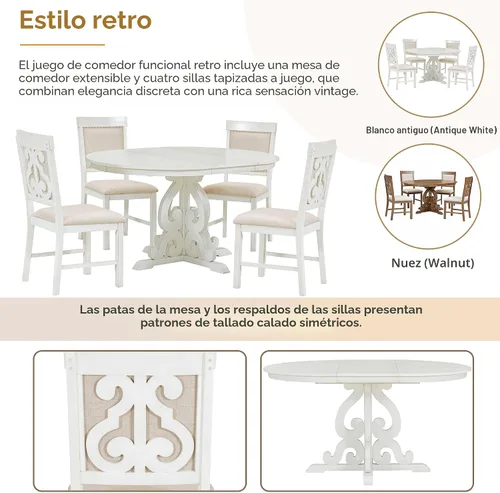 Miniatura 5 de Merax - Juego de mesa de comedor redonda extensible para 4-6, juego de mesa de cocina de granja con 4 sillas tapizadas y hojas extraíbles