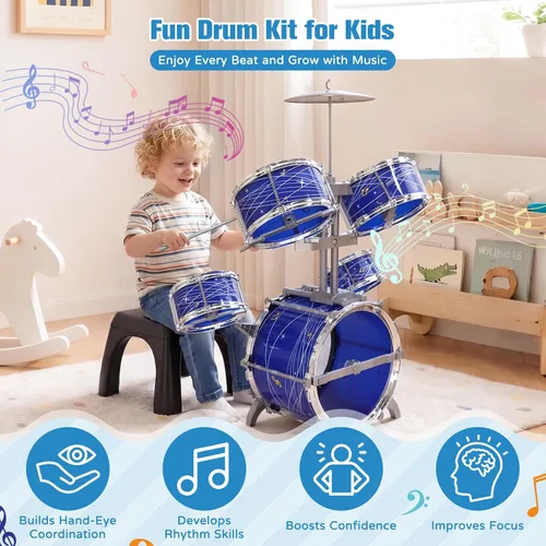 Miniatura 2 de Juego de batería para niños pequeños de 1 a 3 años, kit de batería de jazz de 5 piezas con taburete, pedal de bajo y platillo, instrumento musical