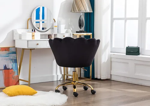 Miniatura 4 de Cómoda silla de trabajo para oficina en casa con ruedas, bonita y moderna tapizada de terciopelo con respaldo de concha, silla de escritorio