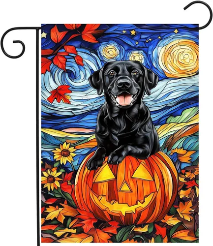 Bandera de jardín de otoño de laboratorio negro de vidrio emplomado, letreros de patio de calabaza de Halloween, banner de girasol de Acción de